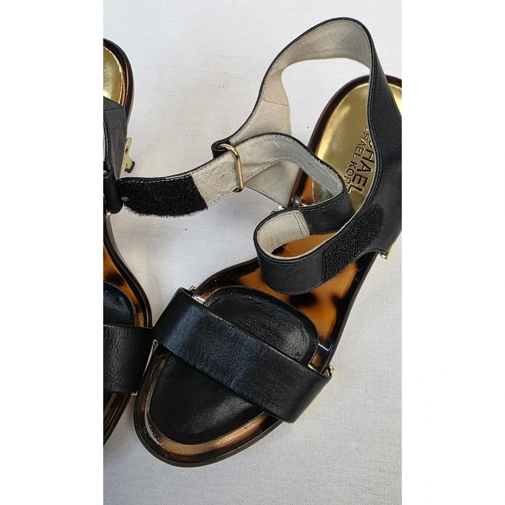 Michael Kors Black Leather Tortoise Shell Gold‎ Stiletto Sandals Heels Womens